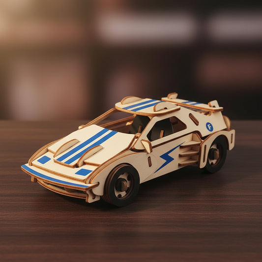 Puzzle 3D de voiture de course blanche avec détails bleus et noirs.