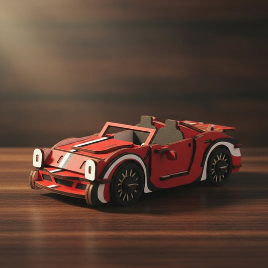 Puzzle 3D d'une cabriolet rouge avec jantes noires et bandes blanches.