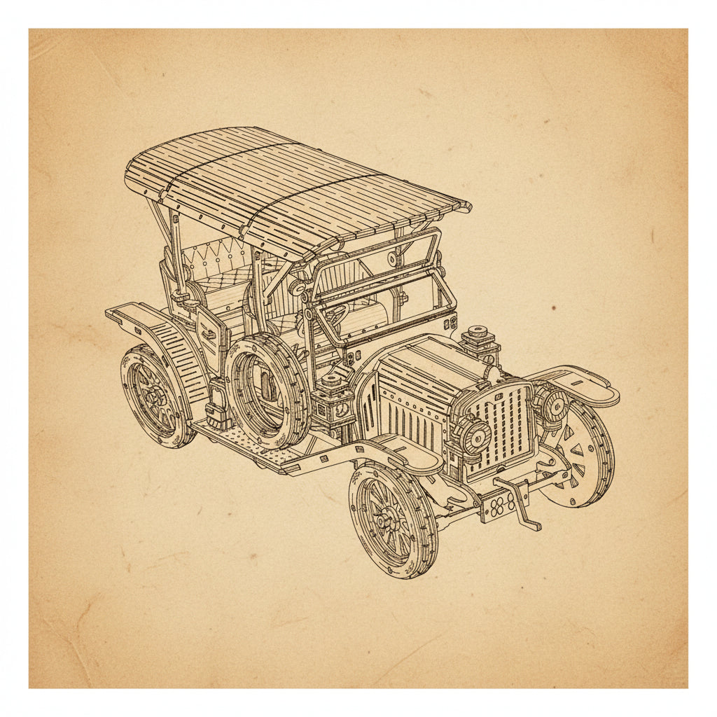 Puzzle 3D en bois d'une voiture vintage assemblée, avec roues, capot, sièges et toit en bois natu... - vue 2