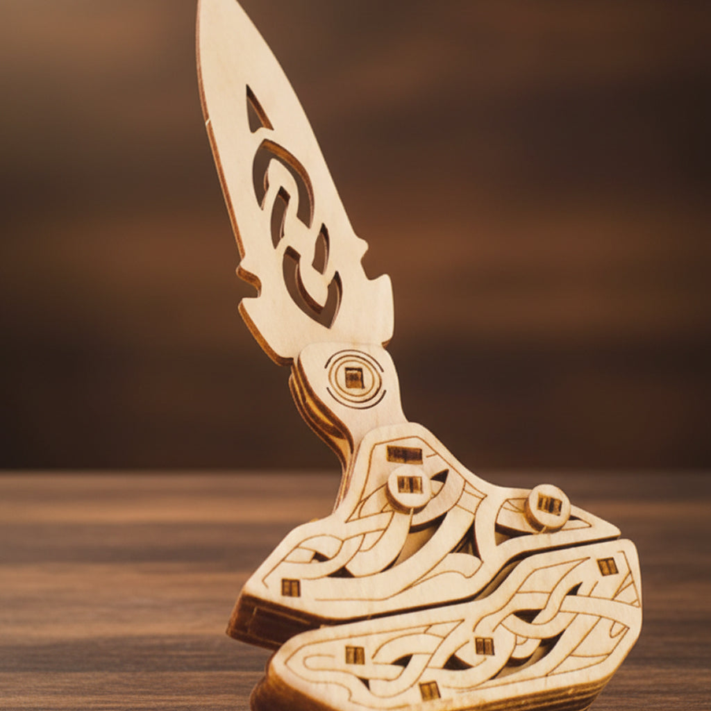 Puzzle en bois 3D d'un couteau artisanal avec motifs complexes.