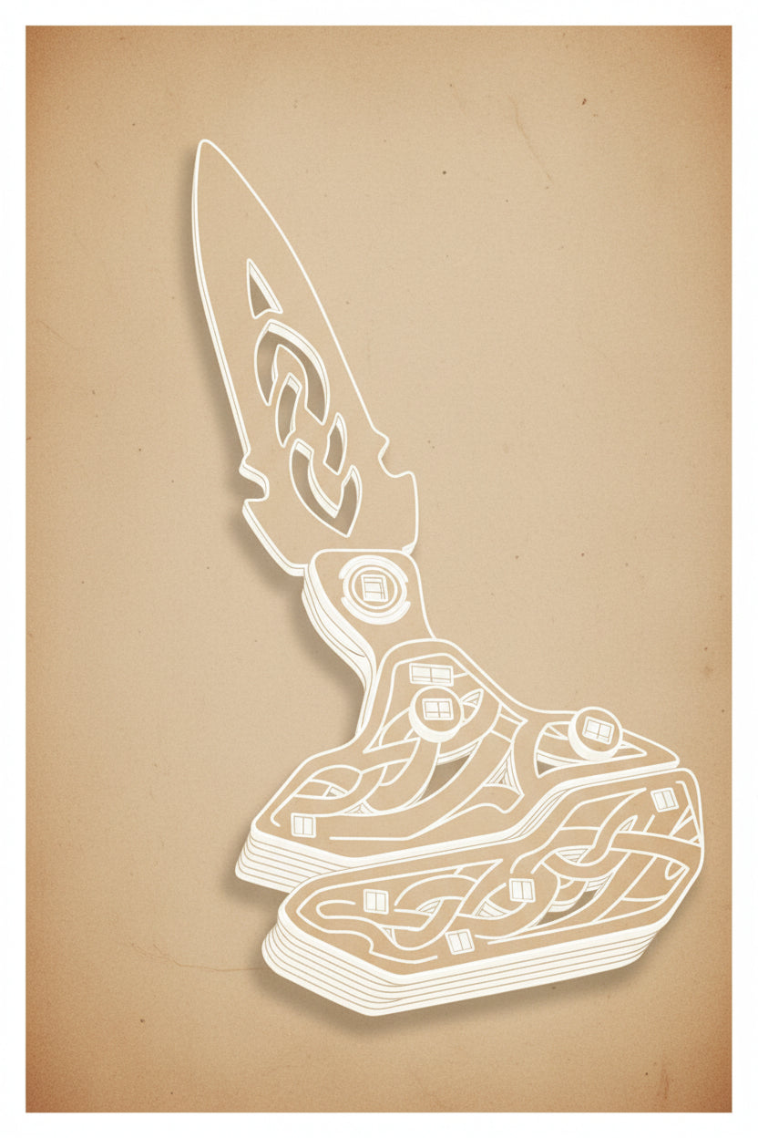 Puzzle en bois 3D d'un couteau artisanal avec motifs complexes. - vue 2