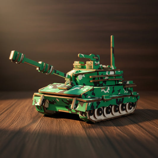 Puzzle 3D en bois d'un char de combat militaire vert camouflage