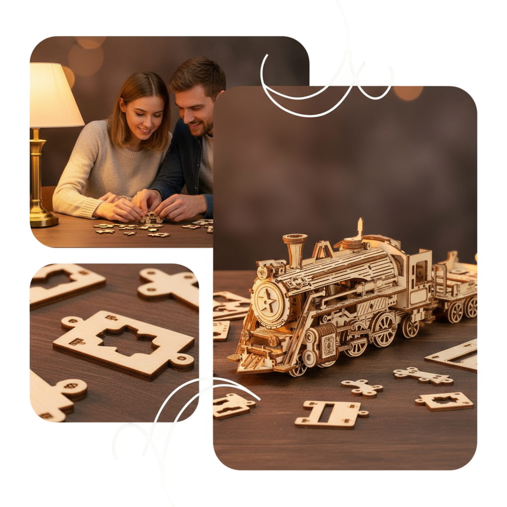 Un pêle-mêle montrant un couple en train de construire leur puzzle 3d en bois. 