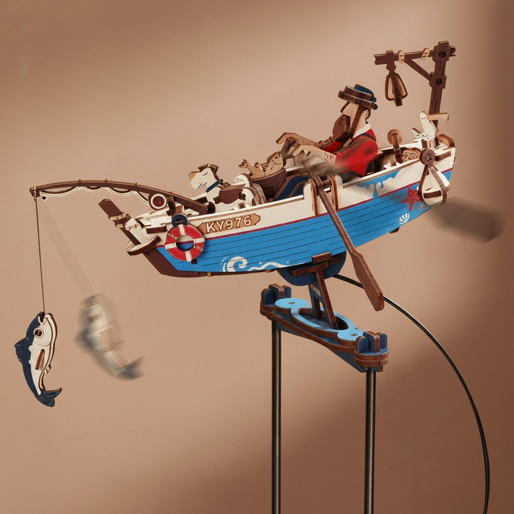 Puzzle 3D Barque de Pêcheur en bois, balancier en mouvement.