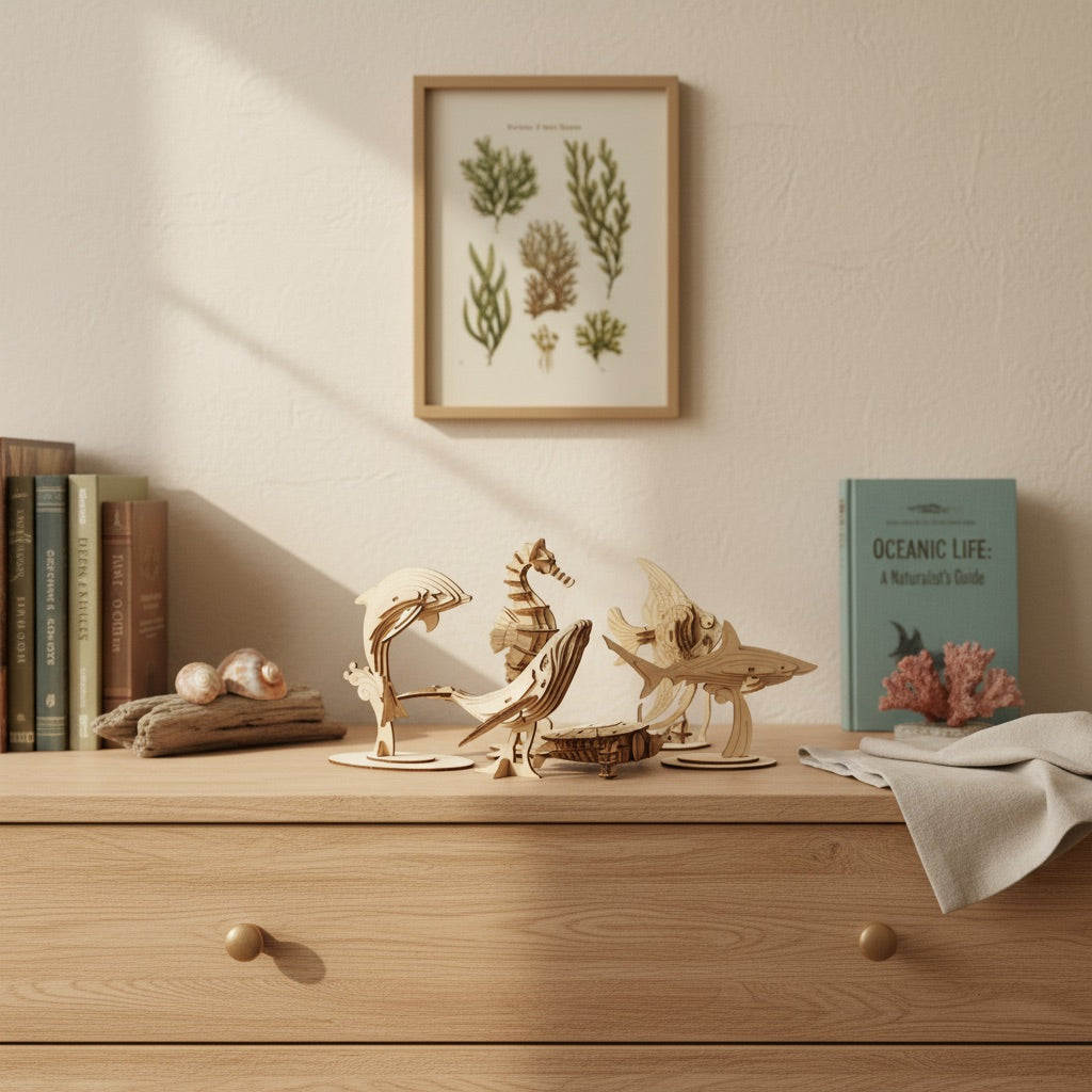 Coffret 6 puzzles 3D animaux marins en bois, les six modèles posés sur une commode