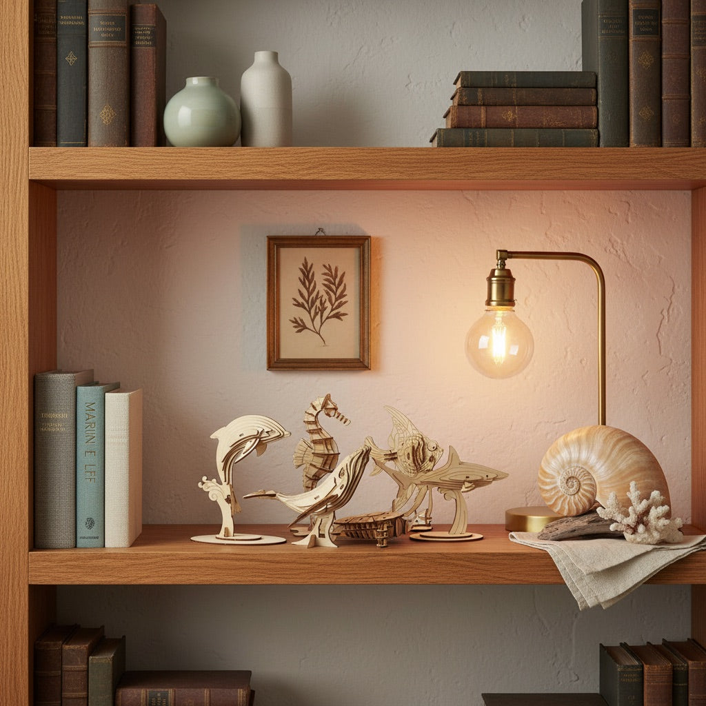 Coffret 6 puzzles 3D animaux marins en bois, les six modèles exposés sur une étagère