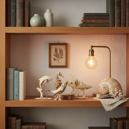 Coffret 6 puzzles 3D animaux marins en bois, les six modèles exposés sur une étagère