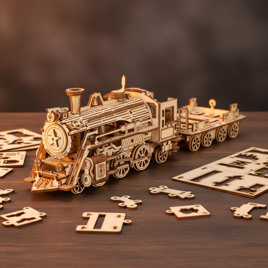 Un puzzle 3d en bois d'un train en cours de construction