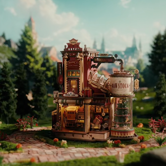 Puzzle 3D : Usine à Cadeaux en Bois, modèle assemblé et éclairé dans un décor de montagne