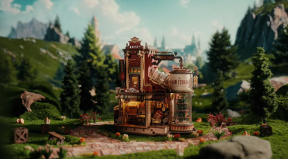 Puzzle 3D : Usine à Cadeaux en Bois, modèle assemblé et éclairé dans un décor de montagne