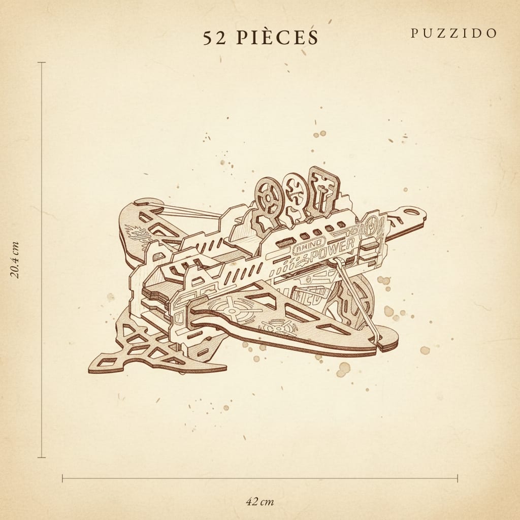 Puzzle 3D du Arbalète Rouge en Bois, plan technique avec dimensions