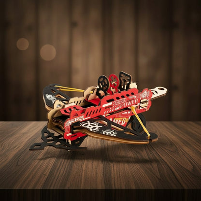Puzzle 3D du Arbalète Rouge en Bois, vue studio sur surface en noyer