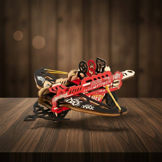 Puzzle 3D du Arbalète Rouge en Bois, vue studio sur surface en noyer