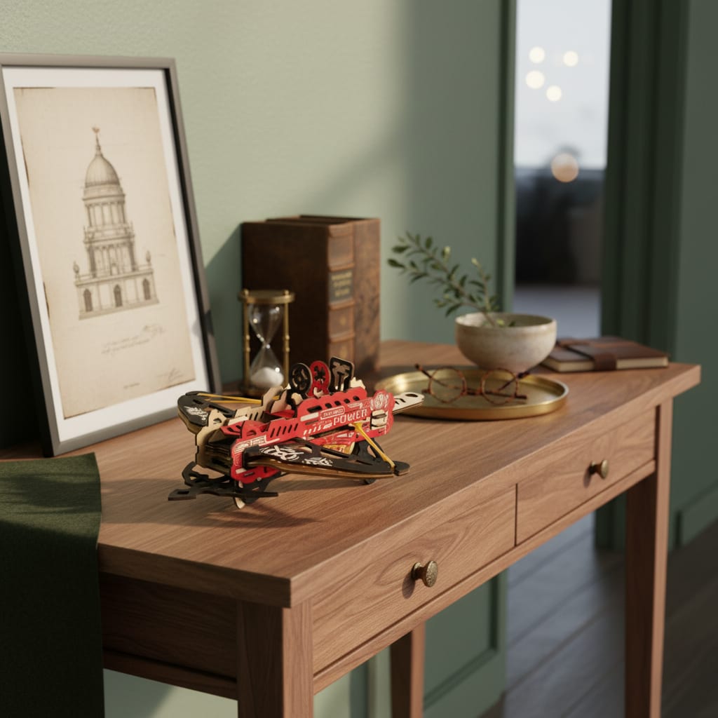 Puzzle 3D du Arbalète Rouge en Bois, posé sur une commode dans un intérieur design