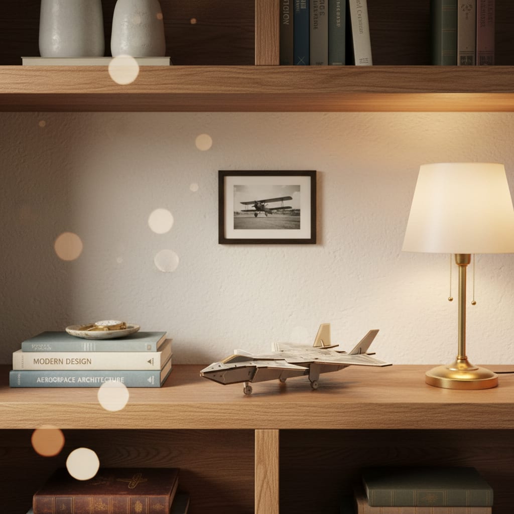 Puzzle 3D du Avion de chasse, posé sur une commode dans un intérieur design