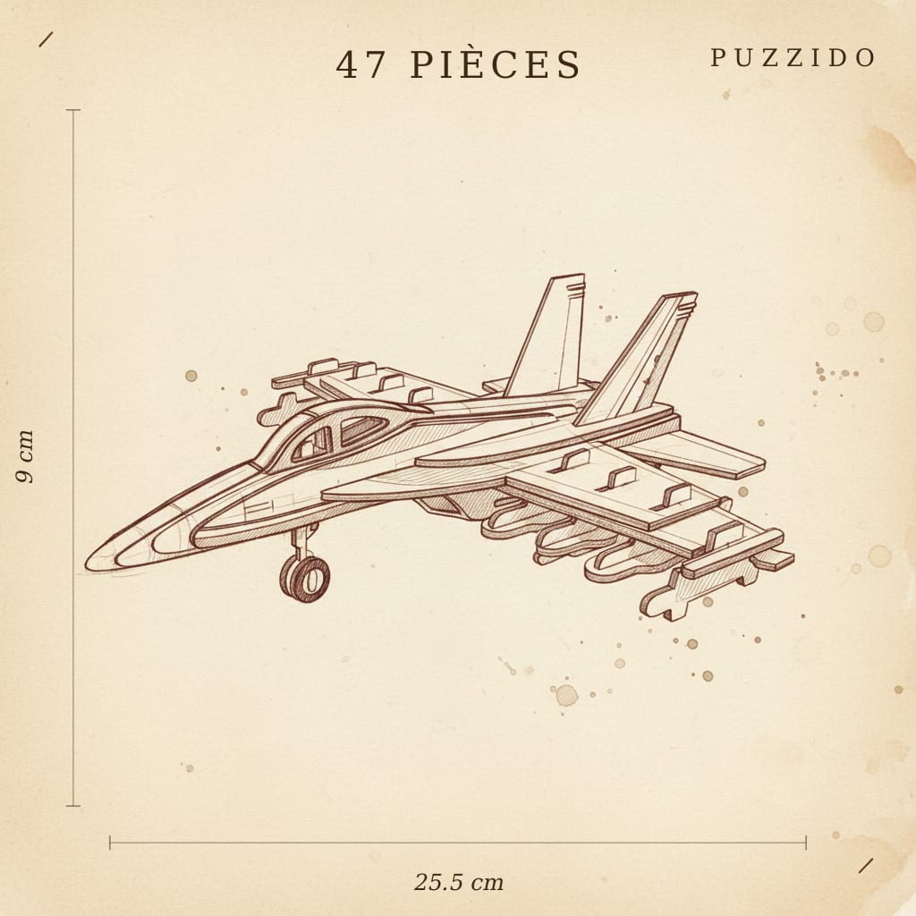 Puzzle 3D de l'Avion F18 en bois, plan technique coté - vue 2