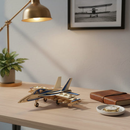 Puzzle 3D du Avion F18 en Bois, placé sur une cheminée en pierre