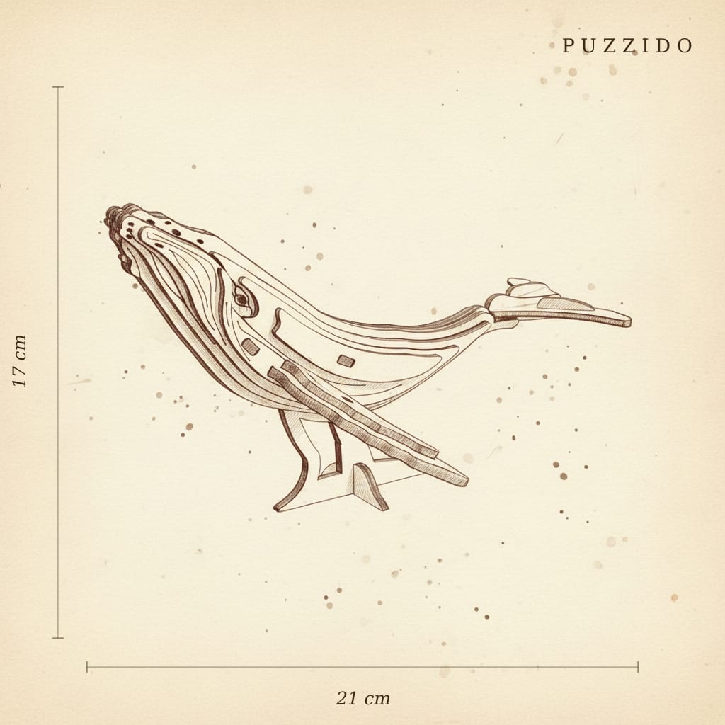 Puzzle 3D de la Baleine en bois, plan technique avec dimensions.