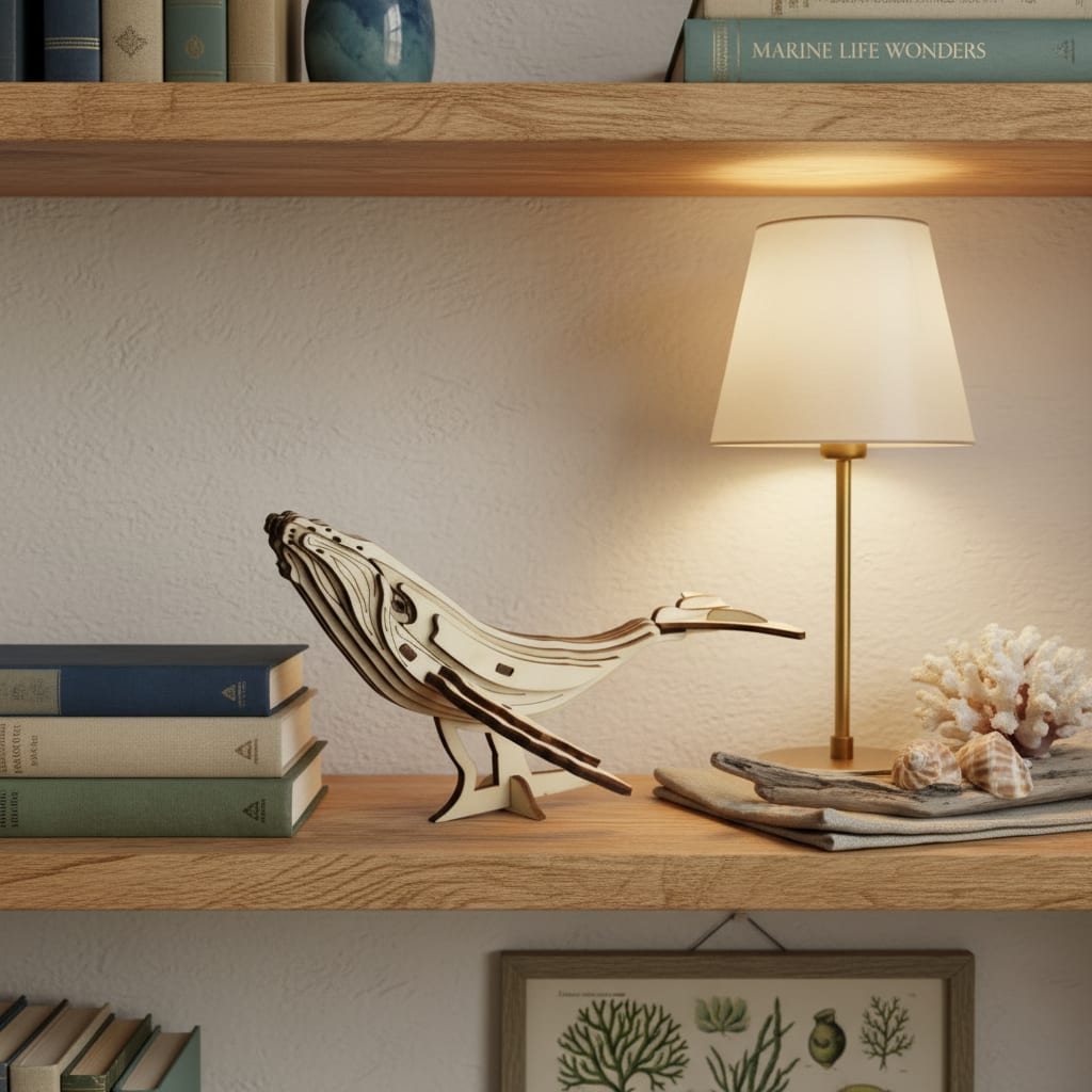 Puzzle 3D du Baleine, posé sur une commode dans un intérieur design