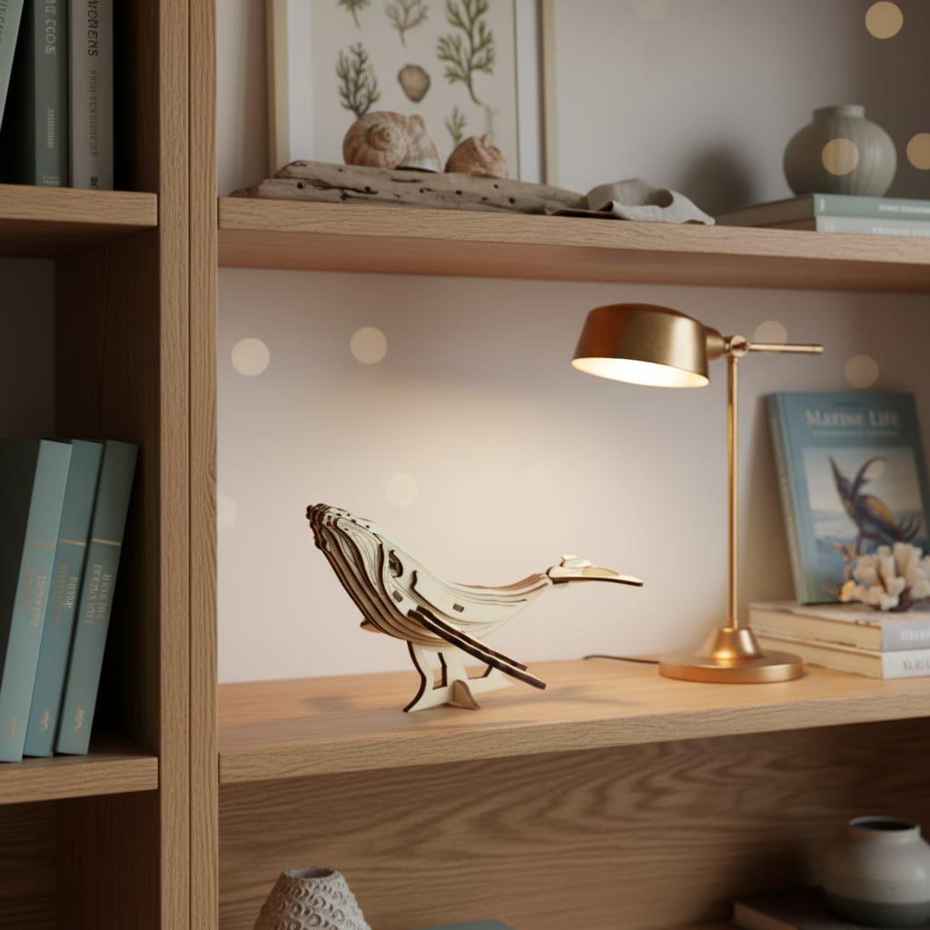 Puzzle 3D de la Baleine en bois, posé sur une commode dans un intérieur design.