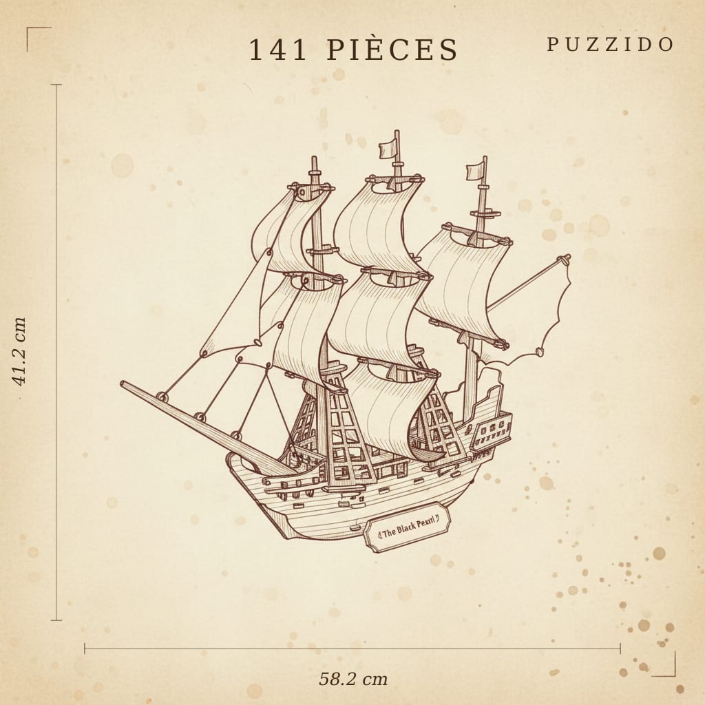 Puzzle 3D du Bateau Black Pearl, plan technique avec dimensions