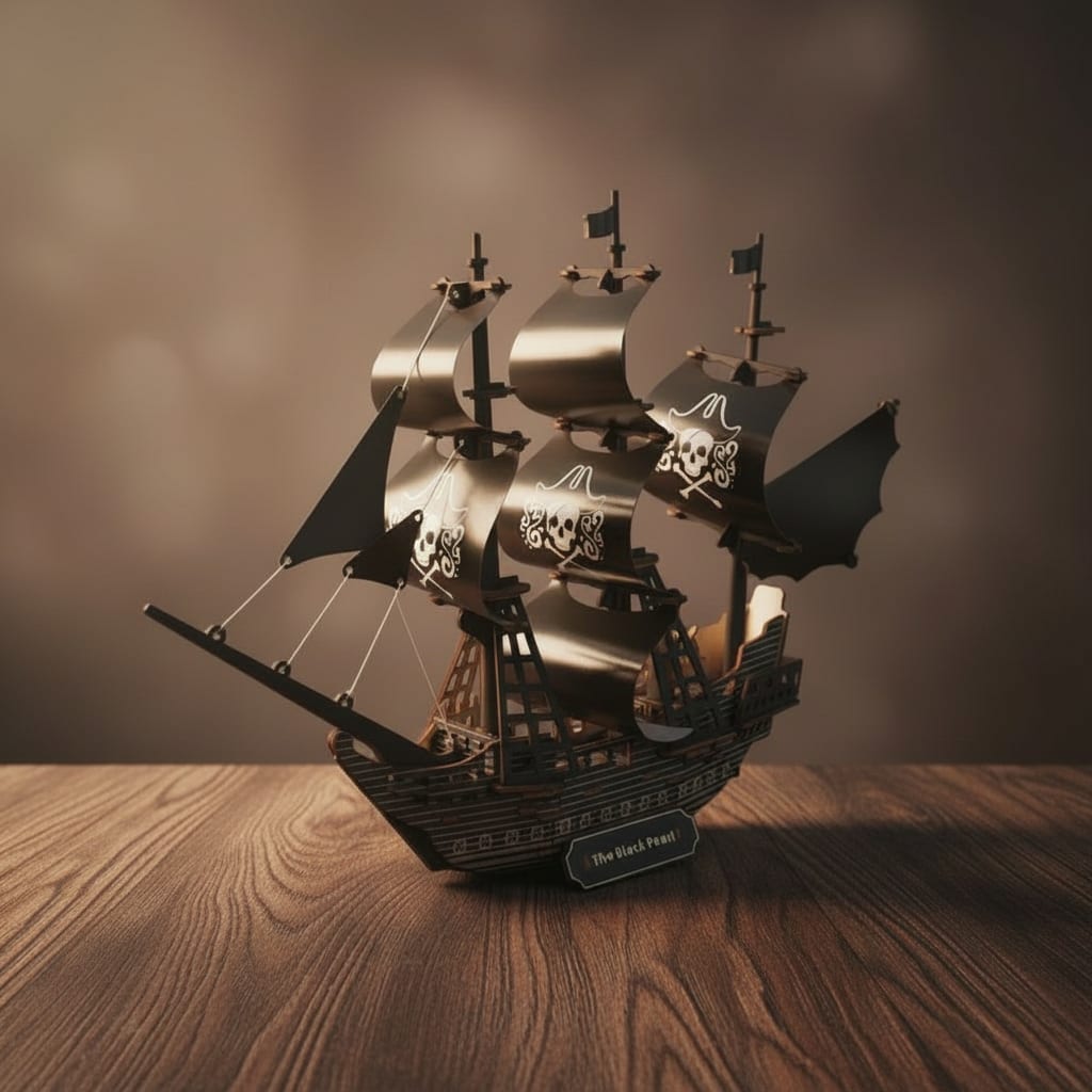Puzzle 3D du Bateau Black Pearl, vue studio sur surface en noyer