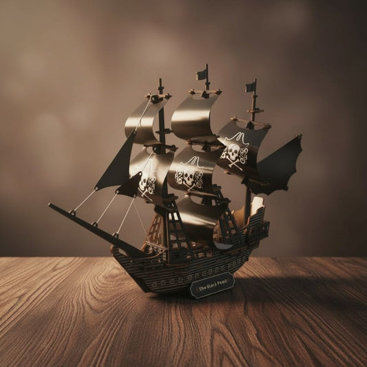 Puzzle 3D du Bateau Black Pearl, vue studio sur surface en noyer