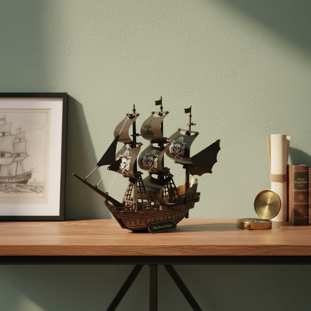 Puzzle 3D du Bateau Black Pearl, posé sur une commode dans un intérieur design