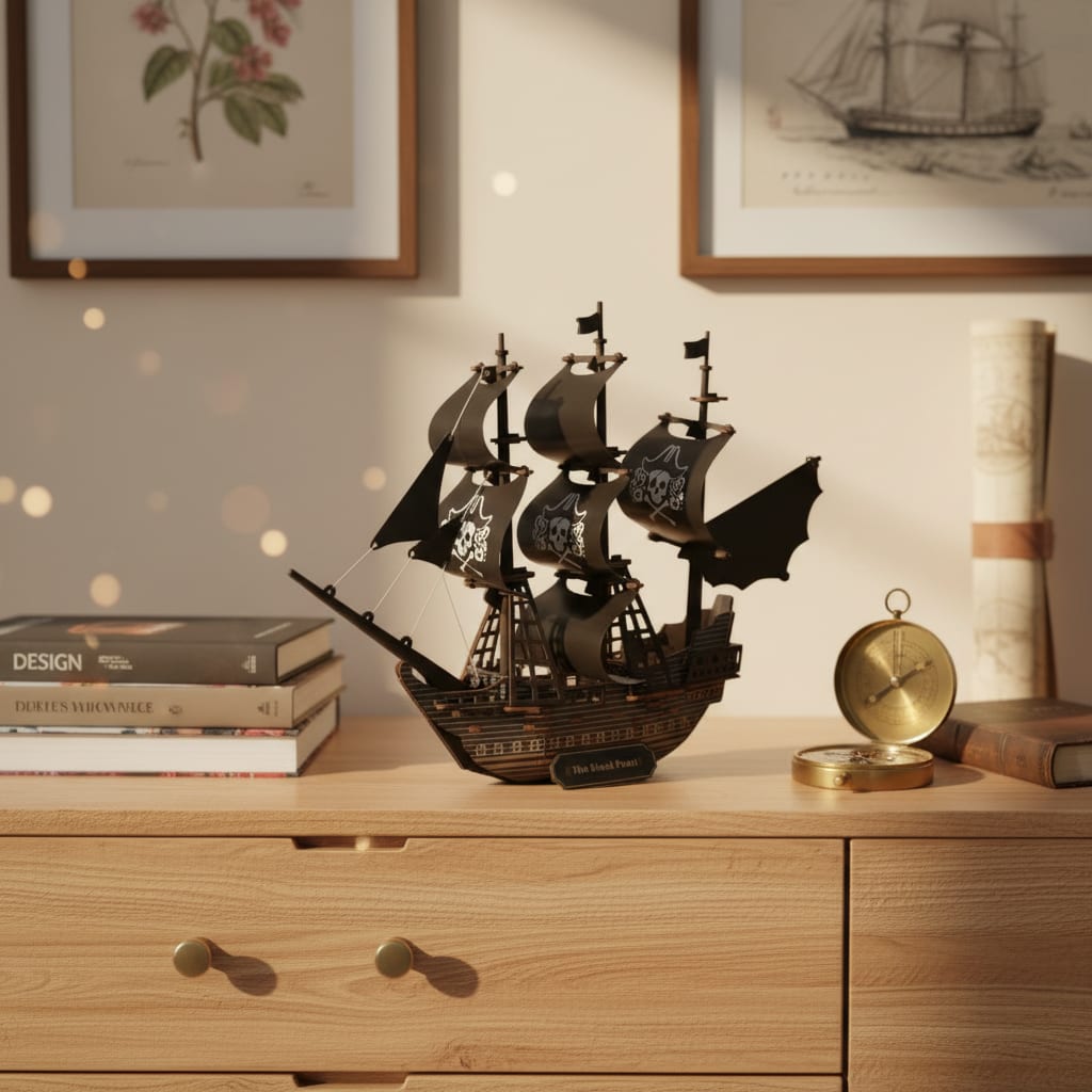 Puzzle 3D du Bateau Black Pearl, exposé sur une étagère ouverte