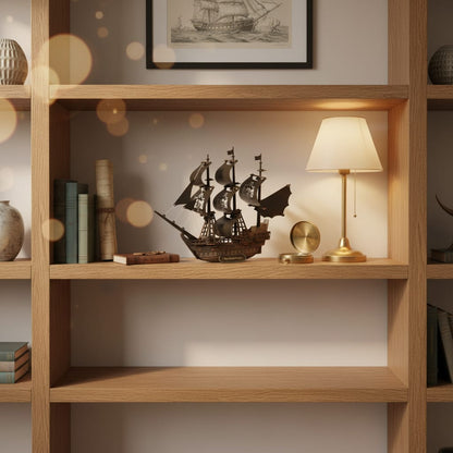Puzzle 3D du Bateau Black Pearl, placé sur une cheminée en pierre