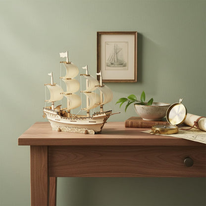 Puzzle 3D du Bateau de Marchand, posé sur une console étroite dans un intérieur design