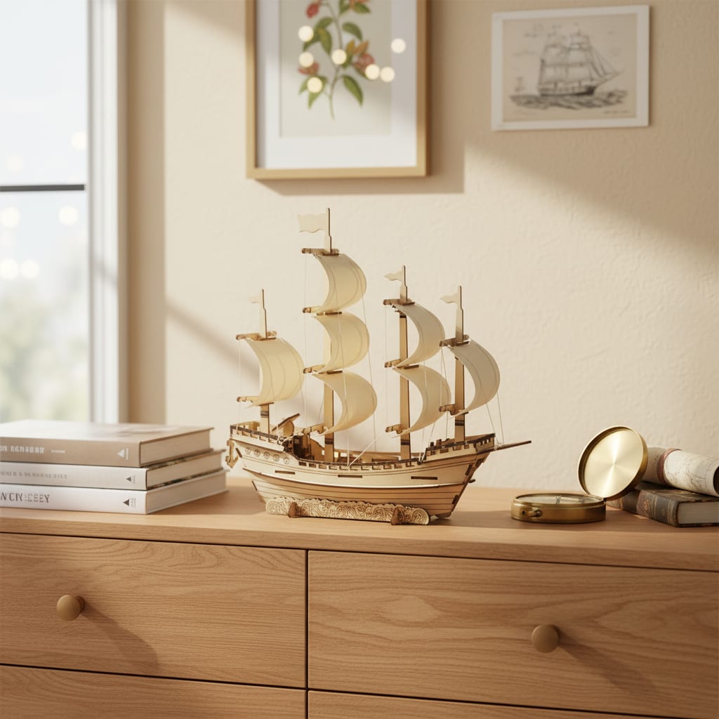 Puzzle 3D du Bateau de Marchand, posé sur une commode dans un intérieur design