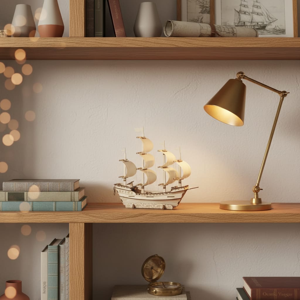 Puzzle 3D du Bateau de Marchand, exposé sur une étagère ouverte avec lampe en laiton