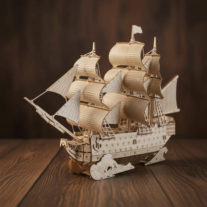 Puzzle 3D du Bateau HMS Victory, vue studio sur surface en noyer