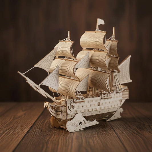 Puzzle 3D du Bateau HMS Victory, vue studio sur surface en noyer