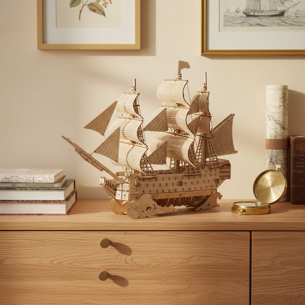 Puzzle 3D du Bateau HMS Victory, posé sur une commode dans un intérieur design