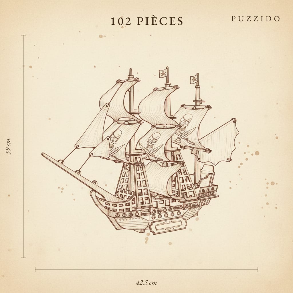 Puzzle 3D du Bateau Pirate, plan technique avec dimensions