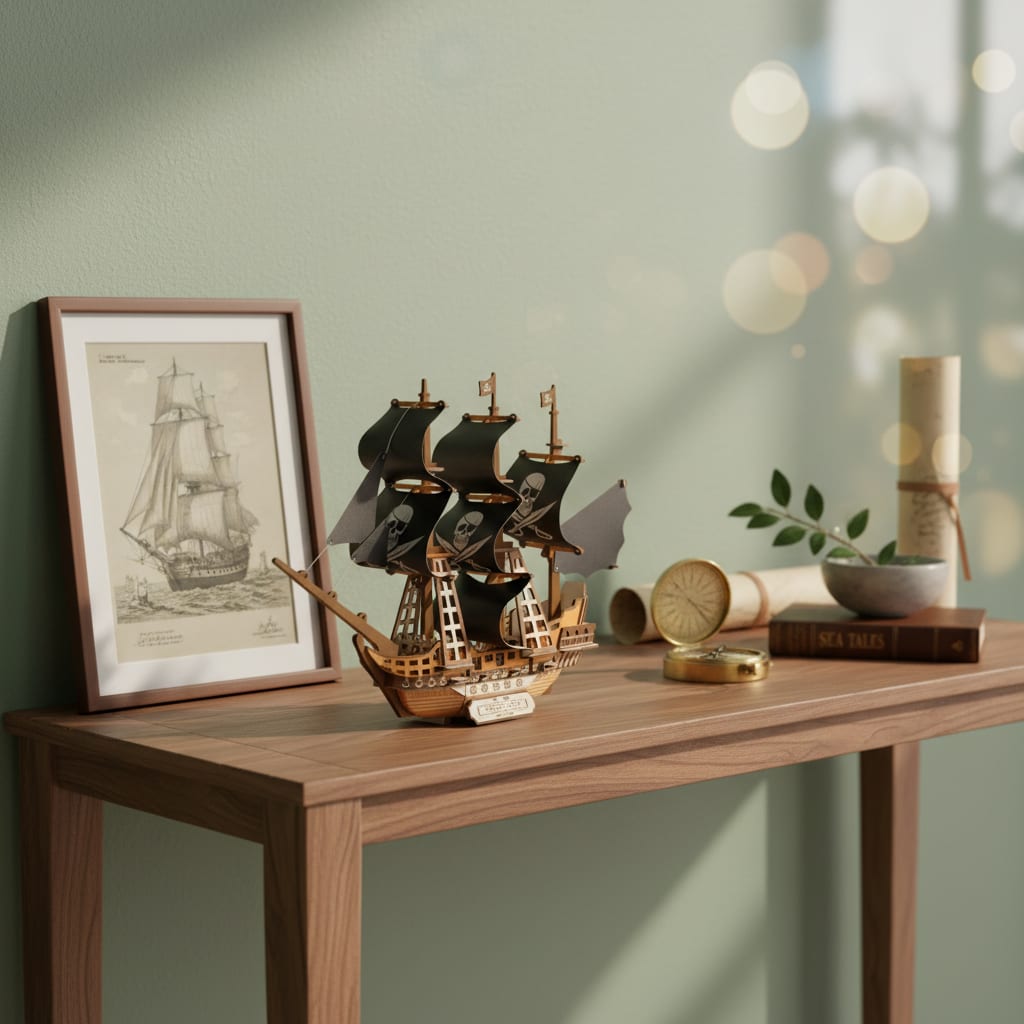 Puzzle 3D du Bateau Pirate, posé sur une commode dans un intérieur design