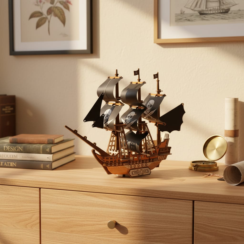 Puzzle 3D du Bateau Pirate, exposé sur une étagère ouverte