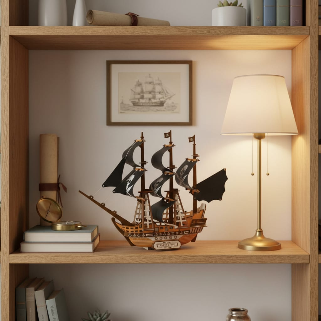 Puzzle 3D du Bateau Pirate, placé sur une cheminée en pierre