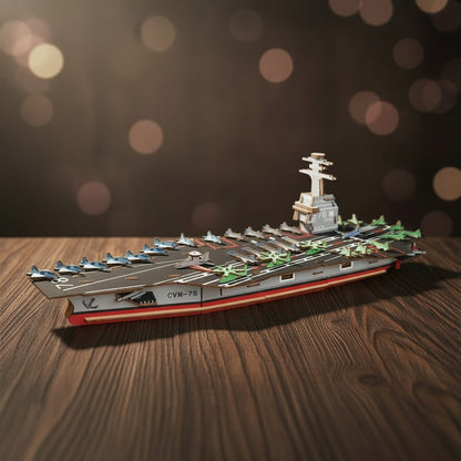 Puzzle 3D du Bateau USS CVN-78, vue studio sur surface en noyer