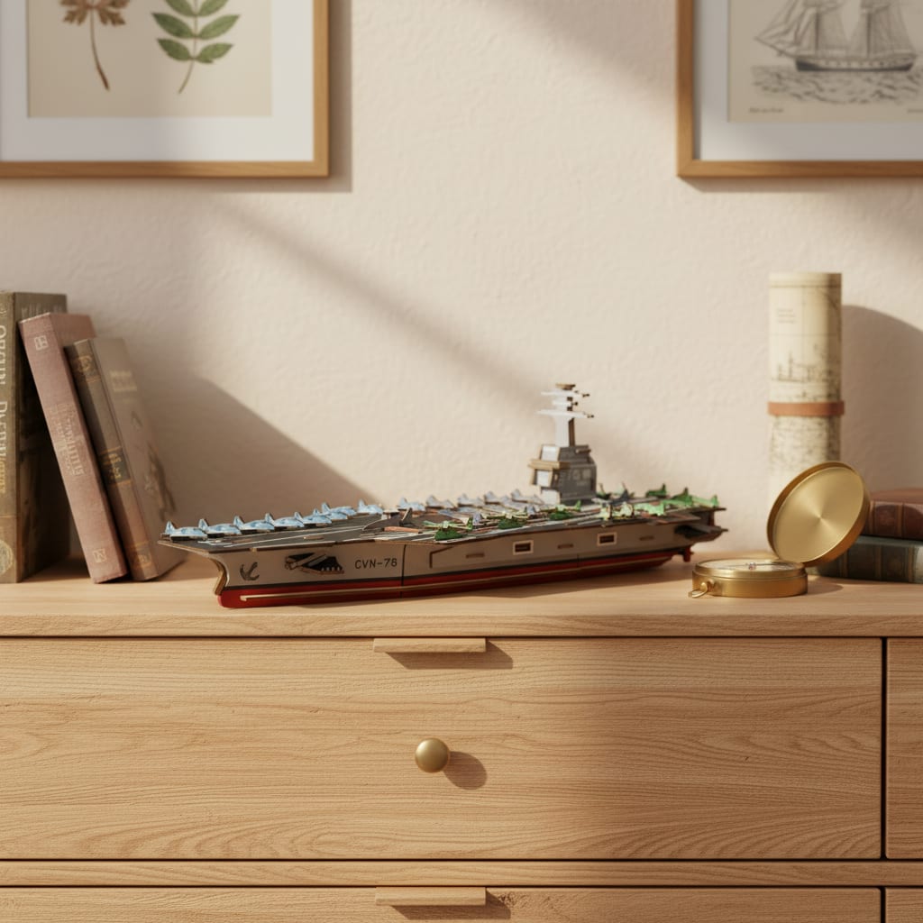 Puzzle 3D du Bateau USS CVN-78, exposé sur une étagère ouverte