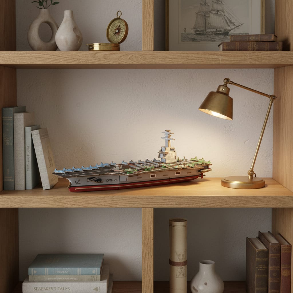 Puzzle 3D du Bateau USS CVN-78, placé sur une cheminée en pierre