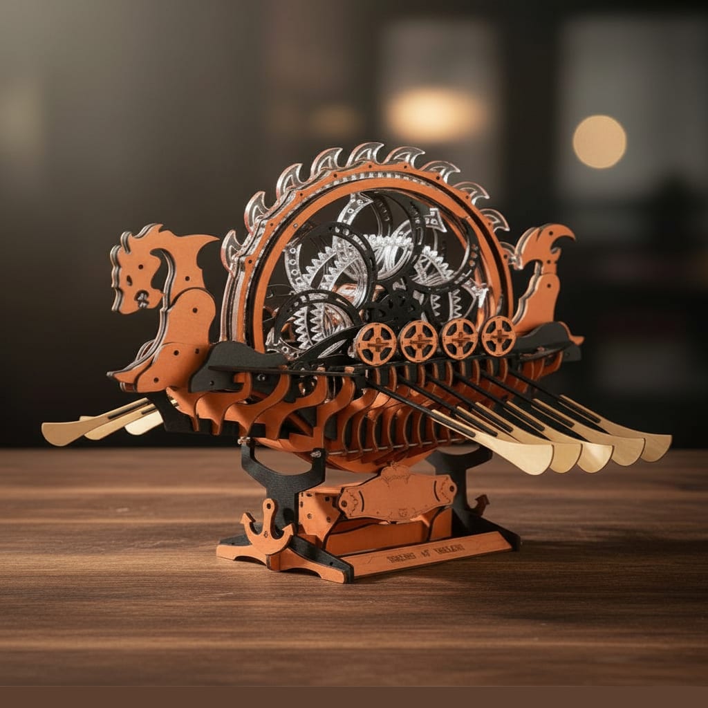 Puzzle 3D du Bateau Viking, vue studio sur surface en noyer