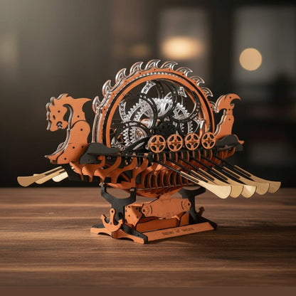Puzzle 3D du Bateau Viking, vue studio sur surface en noyer