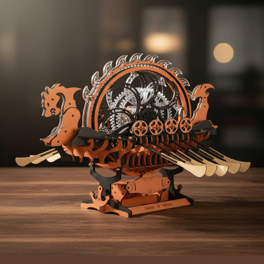 Puzzle 3D du Bateau Viking, vue studio sur surface en noyer