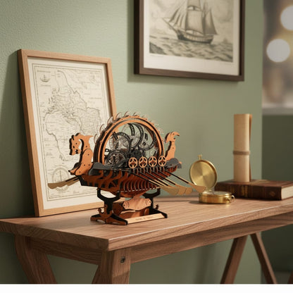 Puzzle 3D du Bateau Viking, posé sur une commode dans un intérieur design