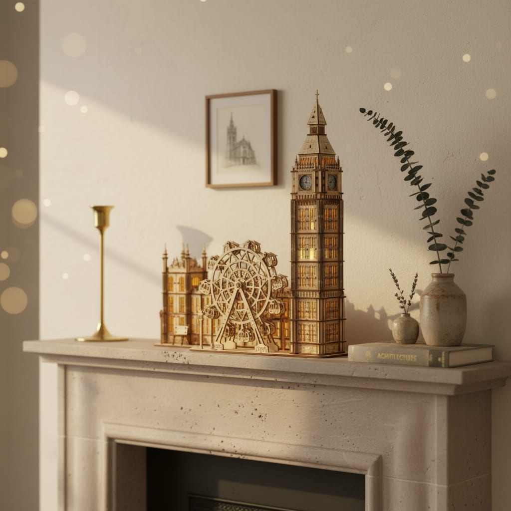 Puzzle 3D du Big Ben en Bois, posé sur une commode dans un intérieur design