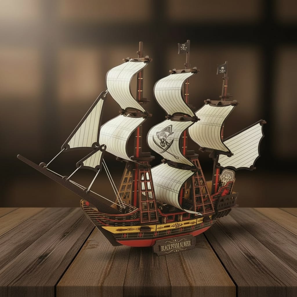 Puzzle 3D du Black Pearl Blanc, vue studio sur surface en noyer