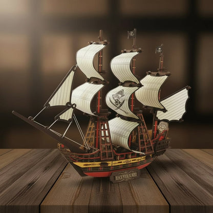 Puzzle 3D du Black Pearl Blanc, vue studio sur surface en noyer